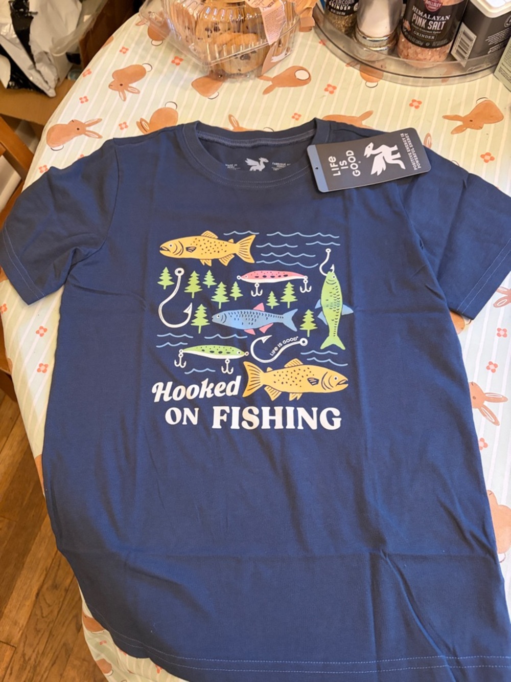 Hooked on fishing Life is Good kids Navy Blue crusher t shirt.